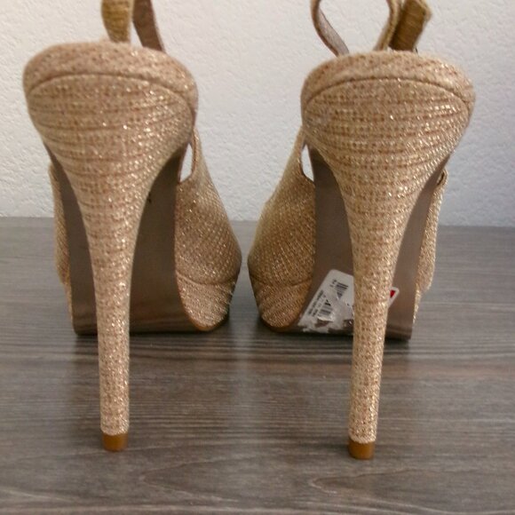 Adrianna Papell Shimmery Sparkly Gold Stiletto Heels Shoes Slingback Peep Toe 8 - Picture 9 of 16